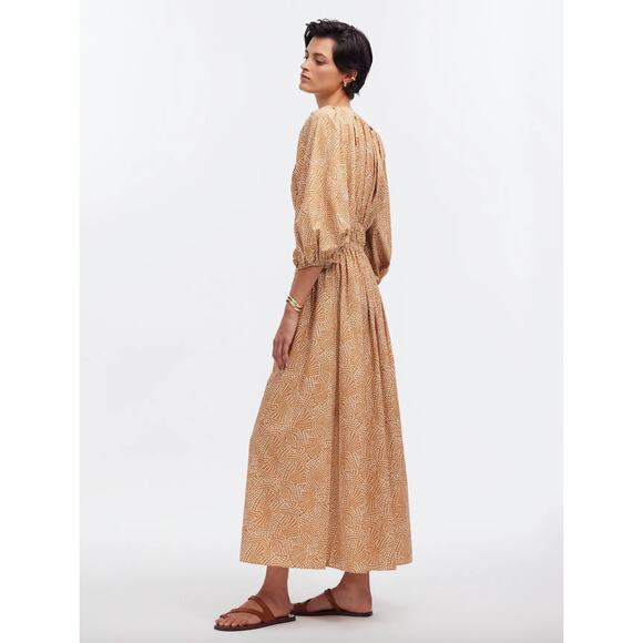 Madewell V Neck Balloon Sleeve Maxi Dress Spiral Dot Tan Smocked Boho US 00 NWT - Picture 3 of 16